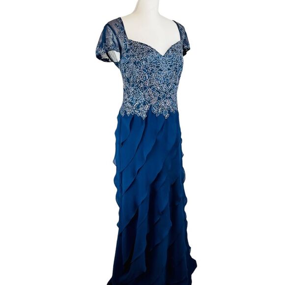XSCAPE‎ Blue Sheer Cap Sleeve Floral Dress Gown 10 Tiered Ruffles Wedding Prom - Picture 3 of 16